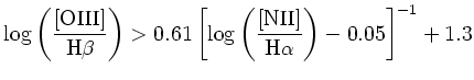 $\displaystyle \log\left(\frac{\rm [\hbox{O\small {III}}]}{\rm\hbox{H\small {$\b...
...\hbox{N\small {II}}]}{\rm\hbox{H\small {$\alpha$}}}\right)-0.05\right]^{-1}+1.3$