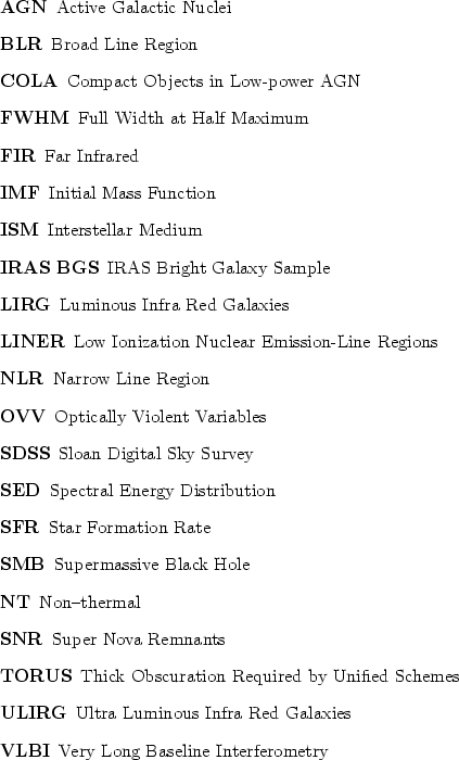 \begin{acronym}
\par\acro{AGN}{Active Galactic Nuclei}
\par\acro{BLR}{Broad Line...
...d Galaxies}
\par\acro{VLBI}{Very Long Baseline Interferometry}
\par\end{acronym}